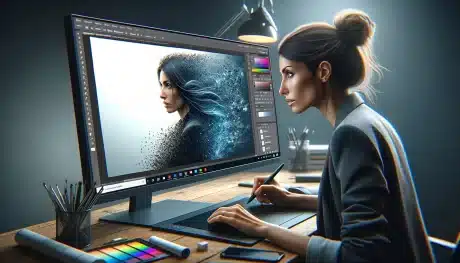 A professional female graphic designer focused on a high-resolution monitor displaying the Photoshop interface, where a pixelated image is being upscaled into a detailed, high-quality version.