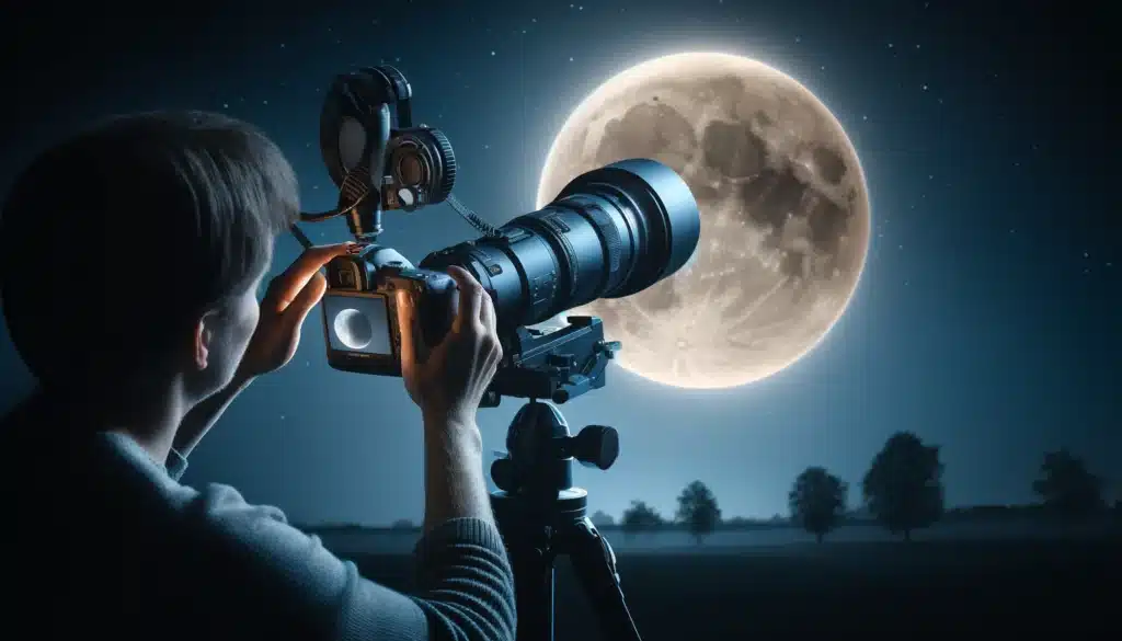 Photographer using DSLR with telescope adapter during eclipses.