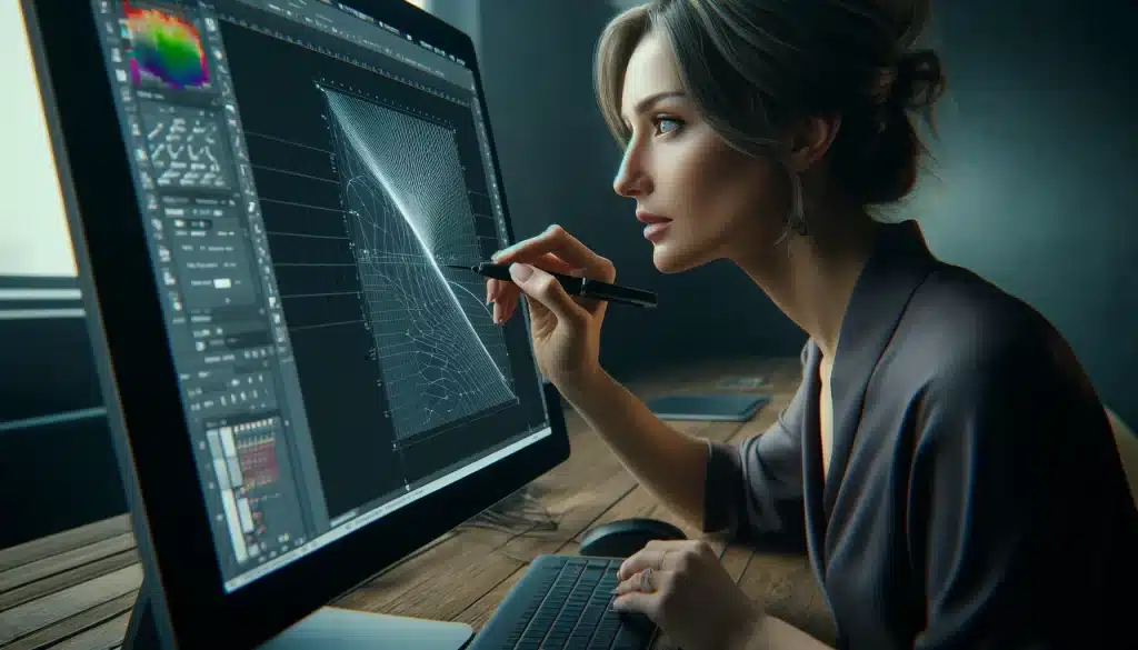 Close-up view of a professional female graphic designer adjusting the Warp tool in Adobe Photoshop, focusing intently on her computer screen which displays detailed grid lines and control points for image manipulation.