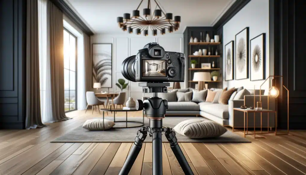 Camera on tripod capturing a modern interior setup in a living room