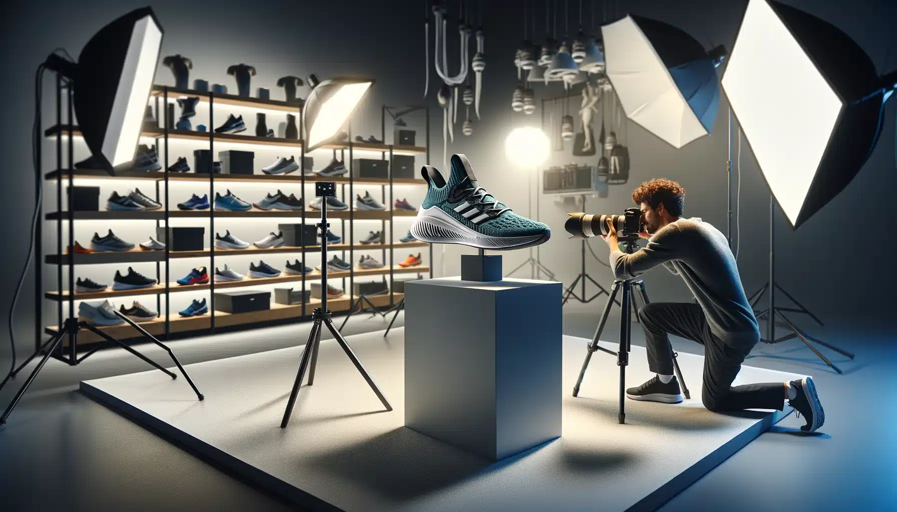Photographer capturing a sports shoe in studio, showcasing sports photography and photography lighting tips.
