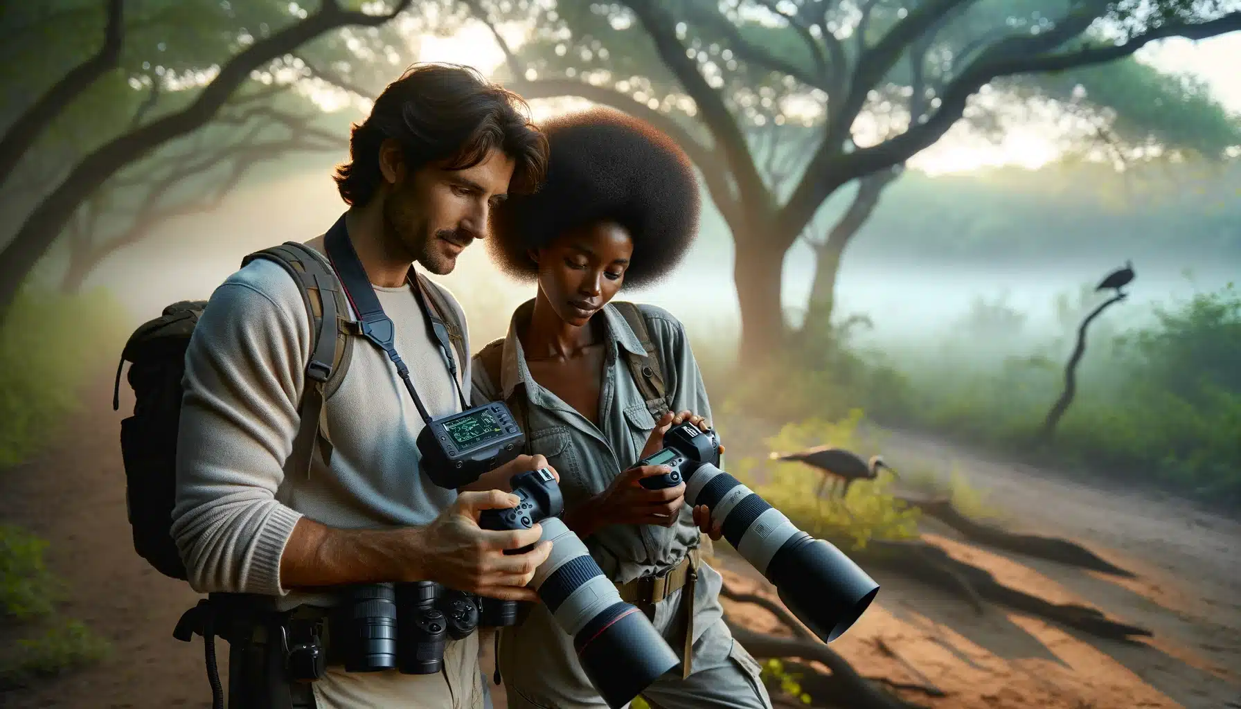 Two wildlife photographers, a Caucasian male and an African female, adjust their camera settings in a serene forest at dawn, equipped with telephoto lenses and other photography tools, showcasing their expertise in wildlife photography.