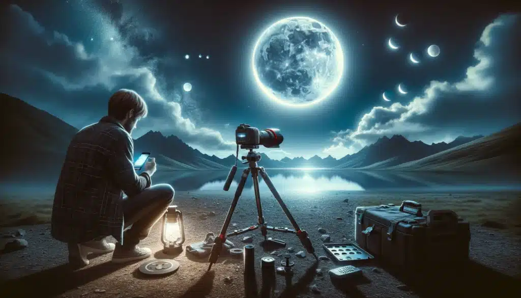 Photographer setting up equipment in a dark location for lunar eclipse photography.