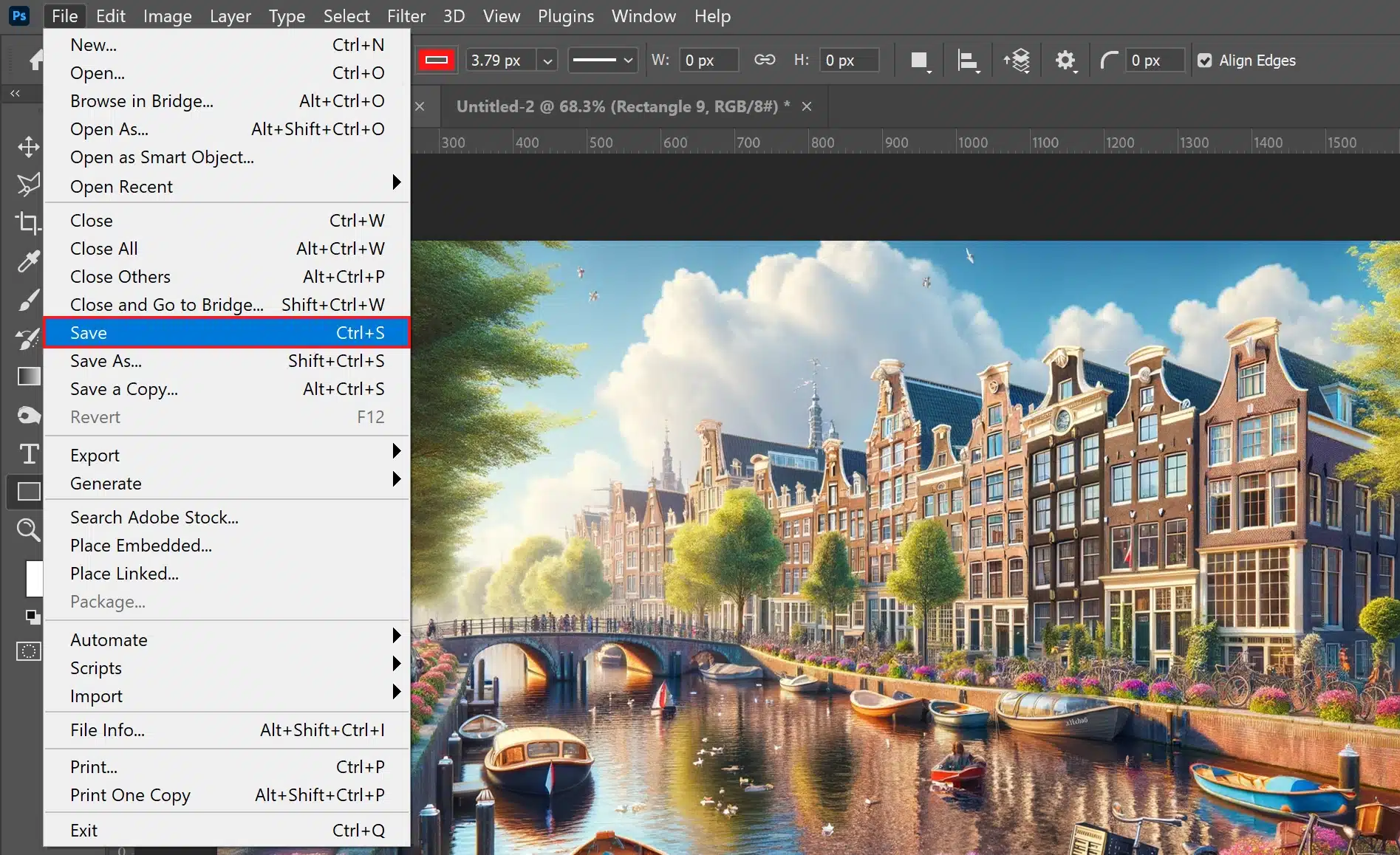 A Photoshop interface on a computer screen with the 'Save' command highlighted, showing an edited, vibrant image of Amsterdam's canal, historic buildings, and lush floral decorations.