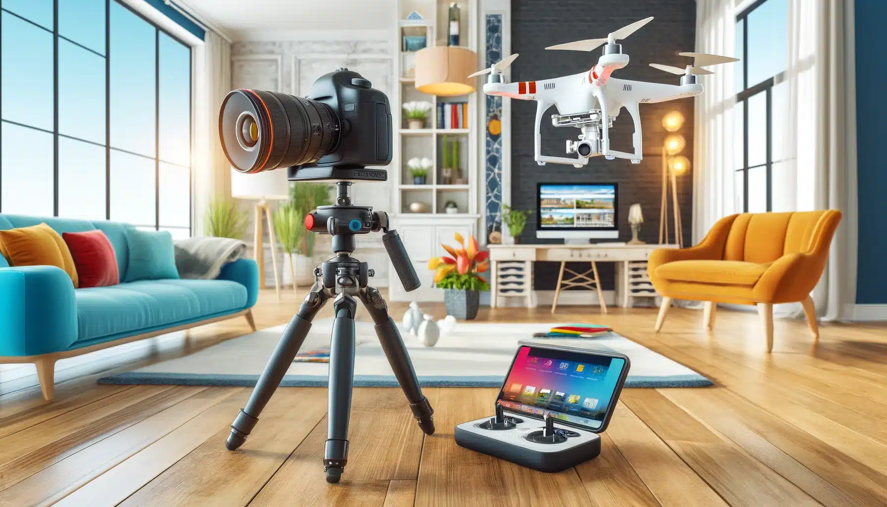 DSLR camera on a tripod, modern smartphone, and drone in a stylish living room with vibrant decor and natural light