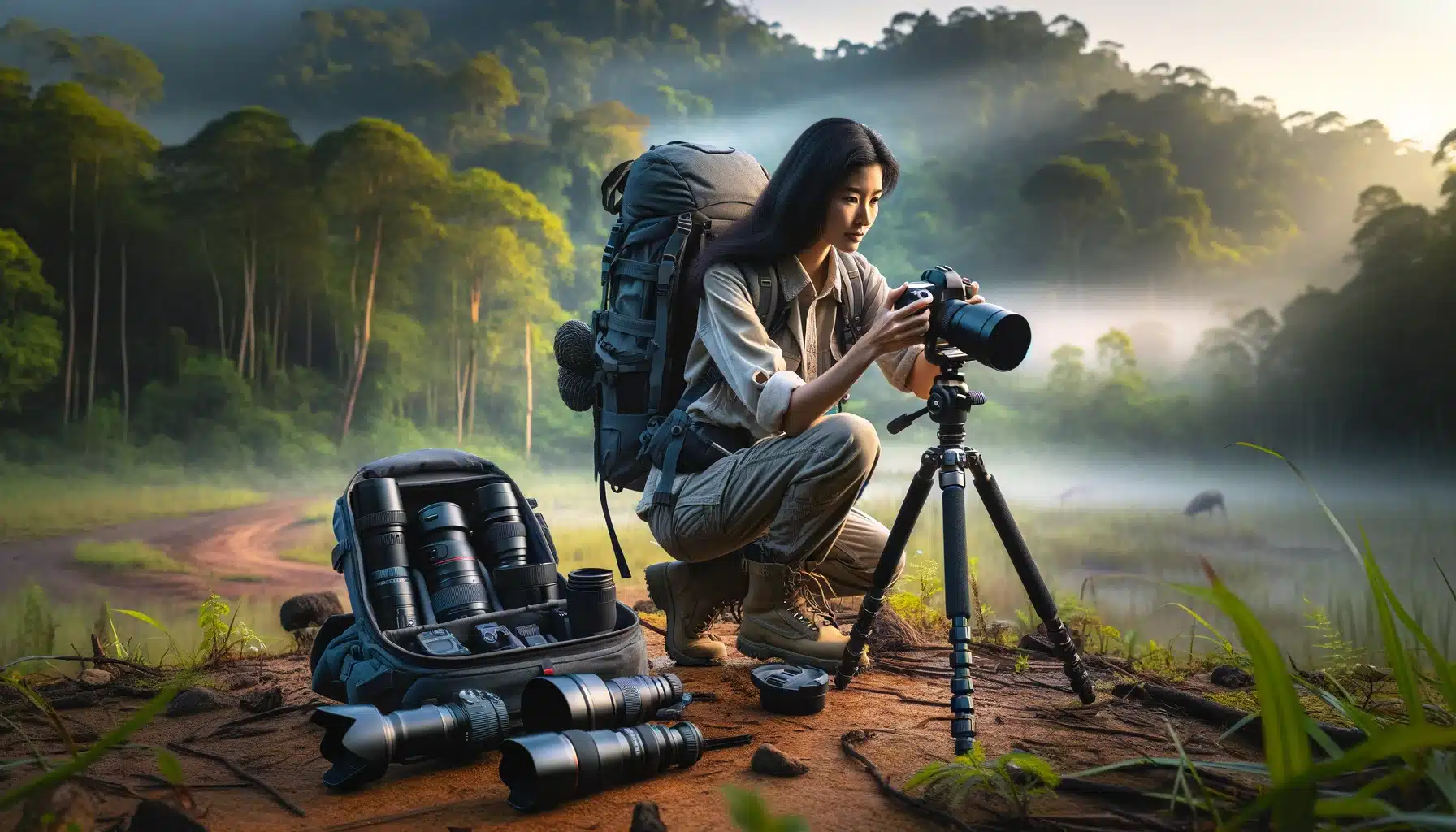 A young Asian female photographer adjusts her camera on a tripod in a wildlife sanctuary, equipped with essential photography tools like lenses and binoculars, showcasing her readiness for capturing wildlife moments.