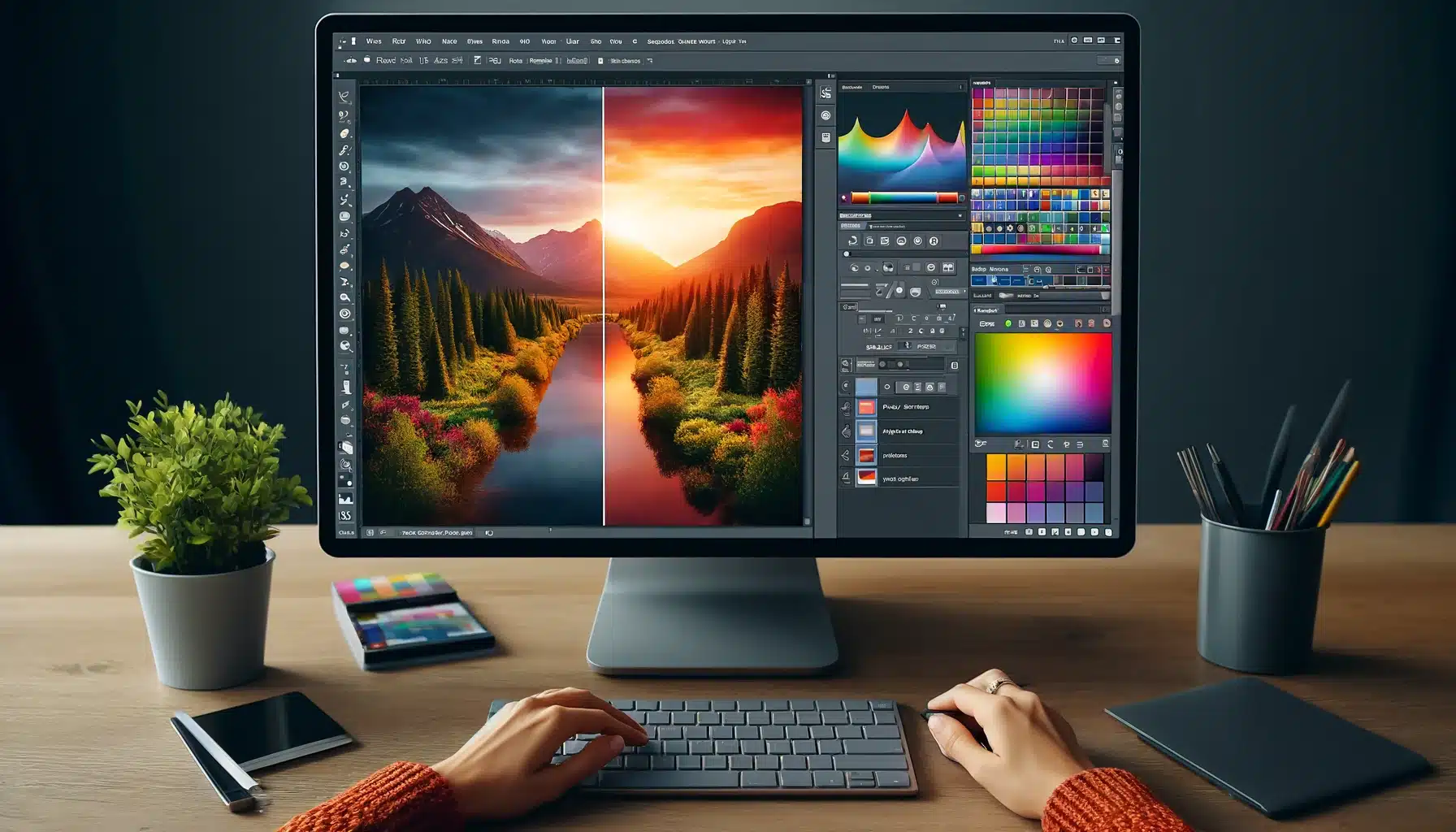 A highly realistic image of the Adobe Photoshop interface with a landscape.