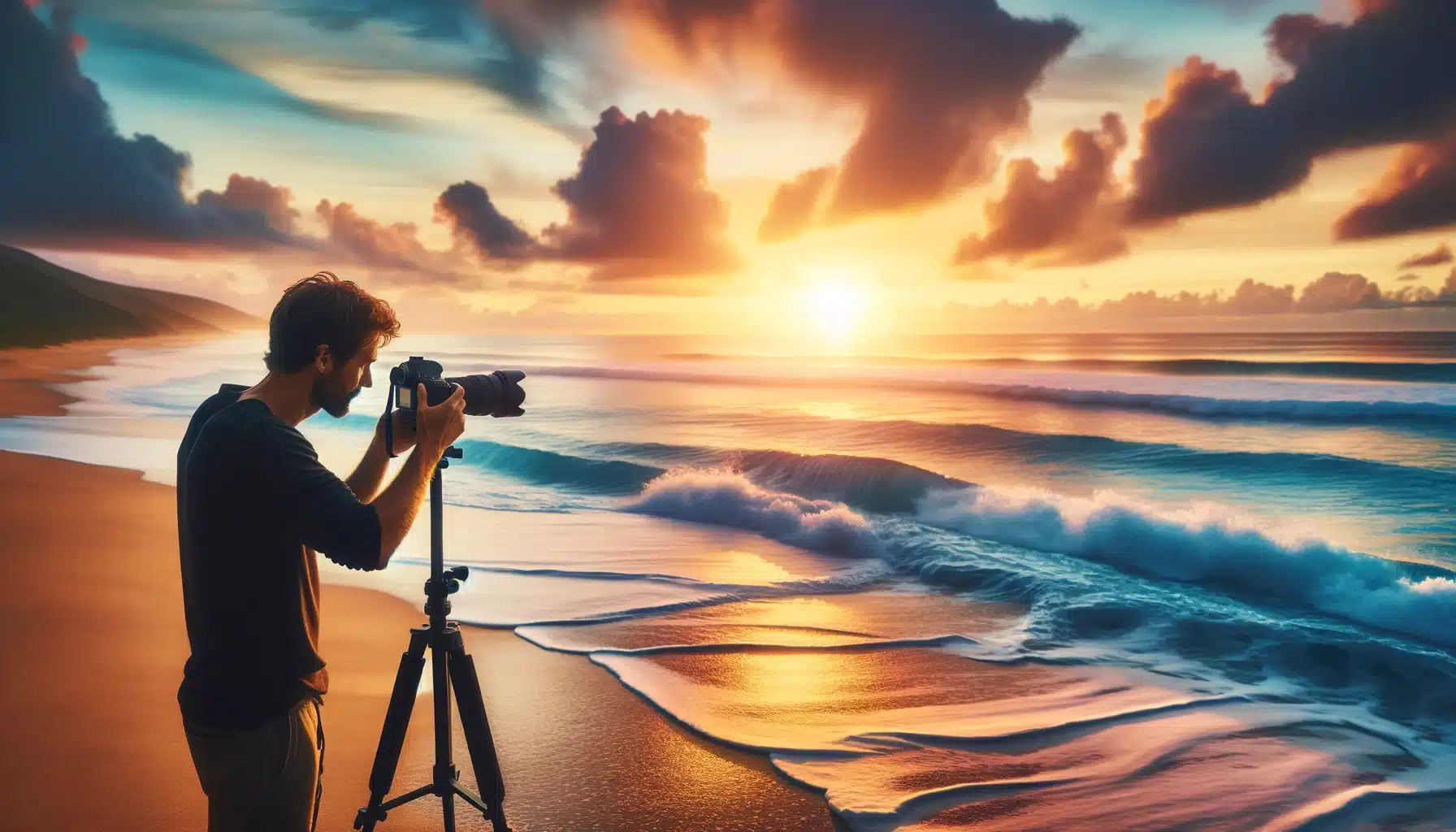 A captivating seascape scene at sunrise with a person adjusting camera settings on a tripod by the ocean, capturing the vibrant colors of the sky and waves.