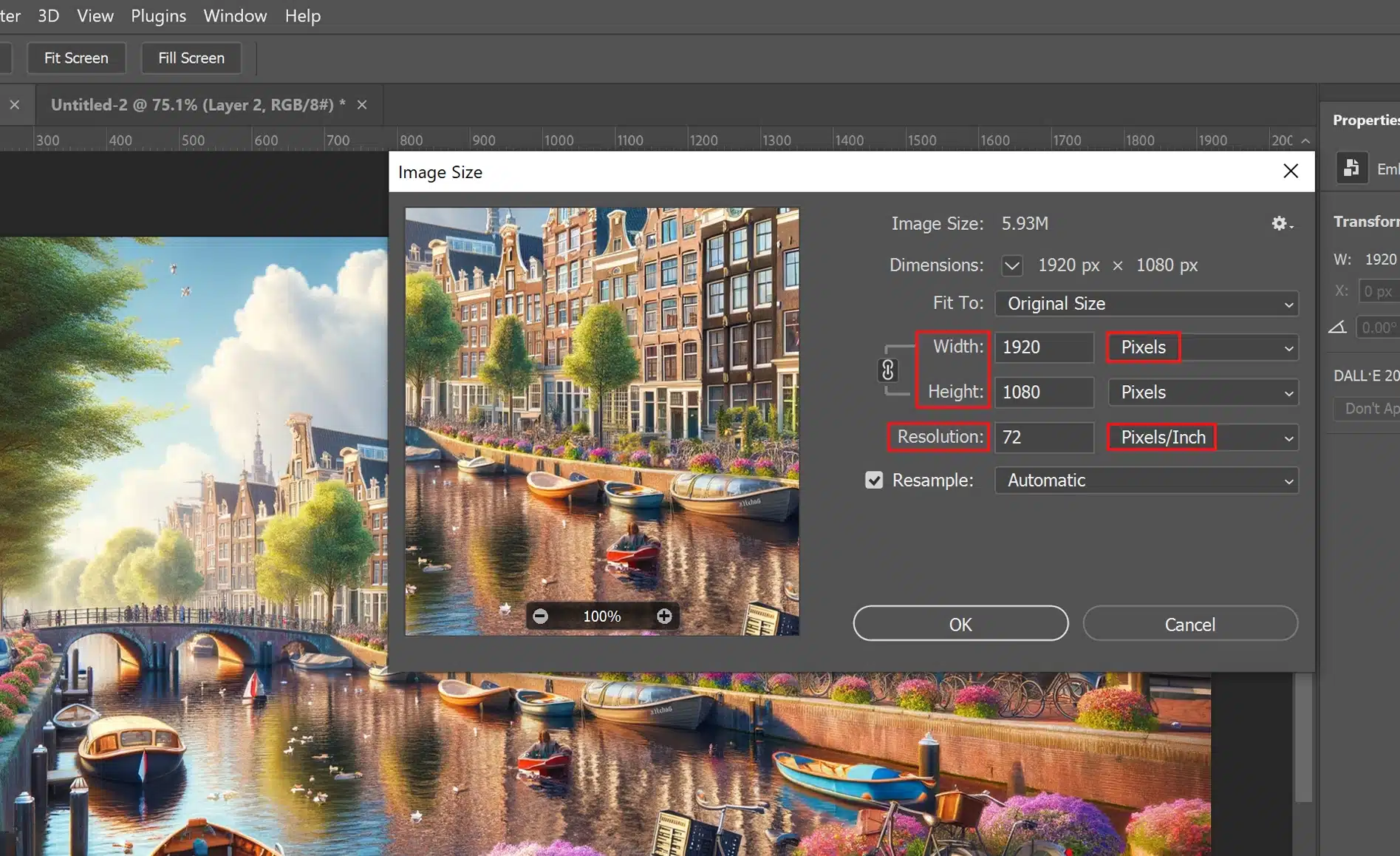 A graphic designer's computer screen displaying the Photoshop Image Size dialog box over an image of Amsterdam canals, with settings adjusted for optimal image dimensions and resolution.