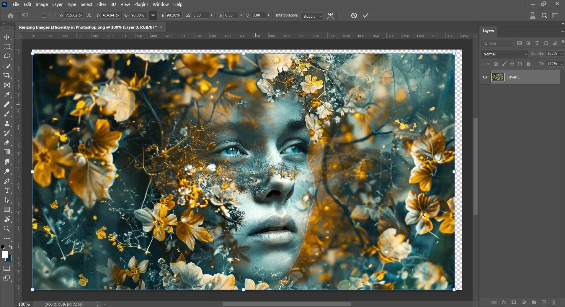 Photoshop interface with an image of a face surrounded by flowers being resized.