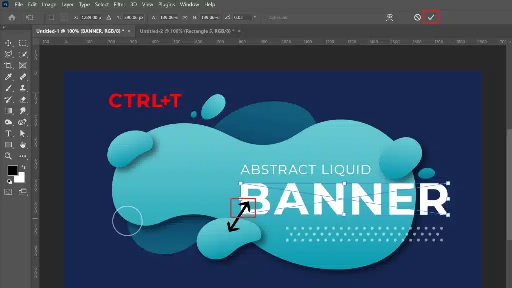 A photo of Photoshop showing the process of rotating text on an abstract liquid banner design. The 'BANNER' text is being rotated with the Free Transform tool active, indicated by the bounding box and curved arrows. The shortcut 'CTRL+T' is displayed in red in the top left corner.