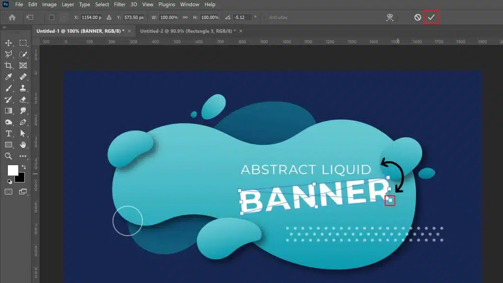 A photo of Photoshop showing the process of rotating text on an abstract liquid banner design. The 'BANNER' text is being rotated with the Free Transform tool active, indicated by the bounding box and curved arrows. The Layers panel and various toolbar options are visible.