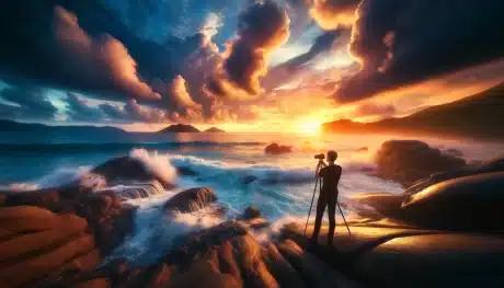 A photographer capturing a stunning ocean view at sunset, with waves crashing against rocks and a vibrant sky in the background.