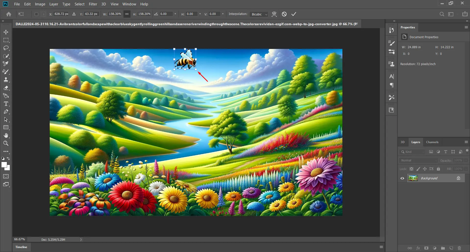 Photoshop interface with a bee selected in the sky of a colorful landscape, showing the selection tool active.