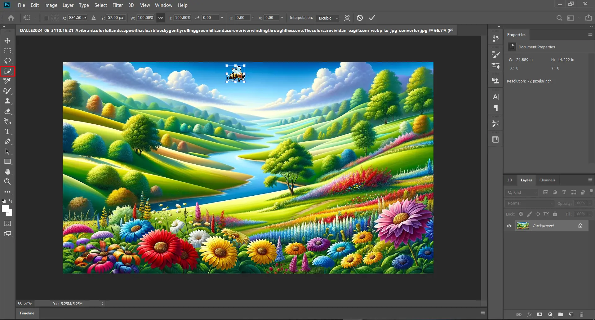 Photoshop window with a bee selected in the sky using the selection tool, part of a vibrant, colorful landscape