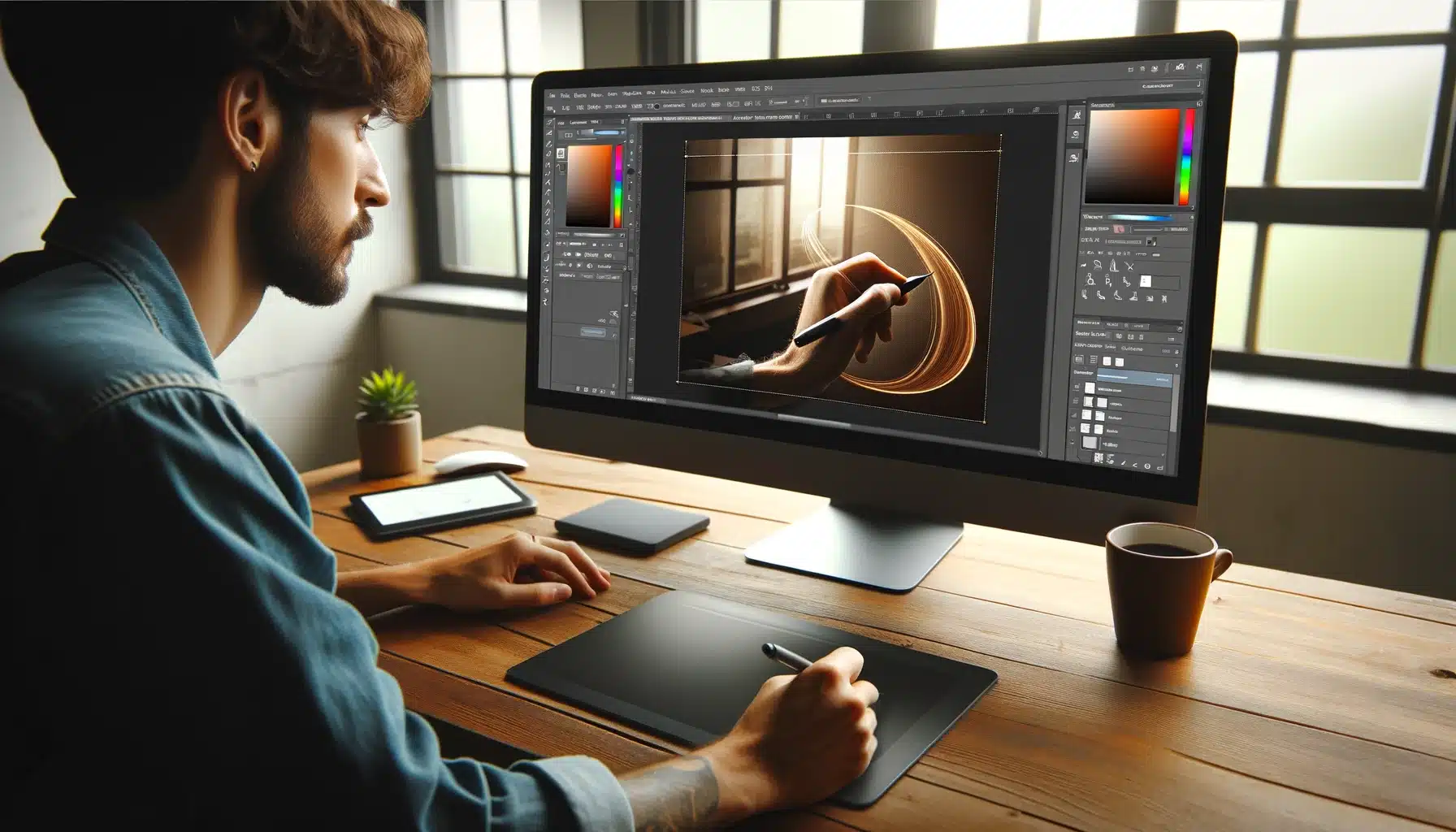 "A designer working in Adobe Photoshop using the Lasso tool to select the main subject in an image. The screen displays the Photoshop workspace with the Lasso tool drawing a selection around the main subject."