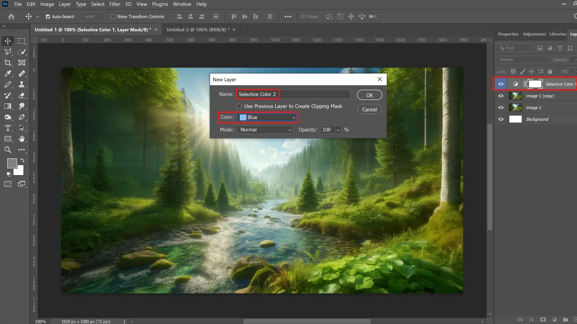 dobe Photoshop with a serene forest landscape on the canvas. The 'New Layer' dialog box is open, showing 'Selective Color 2' with the color set to blue. The Layers panel is visible, with 'Selective Color 2' highlighted.