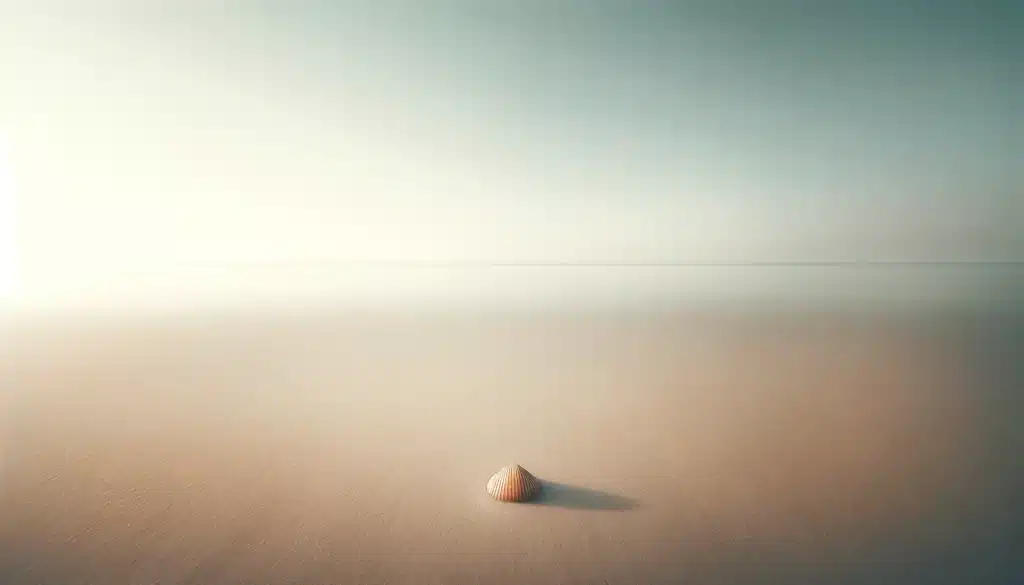Minimalist beach scene with a single shell in soft pastel tones