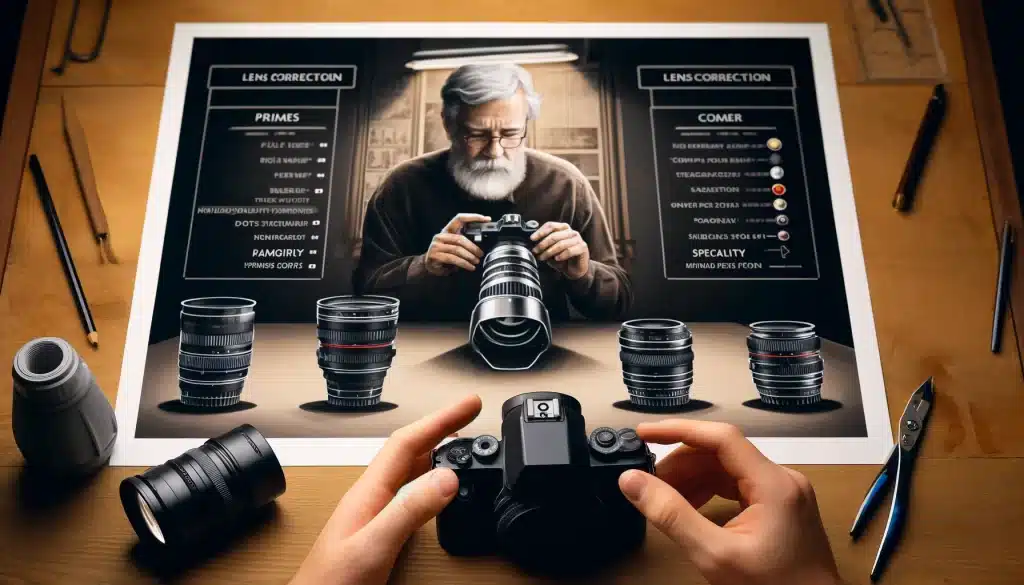 Photographer adjusting lens correction settings with various types of lenses displayed