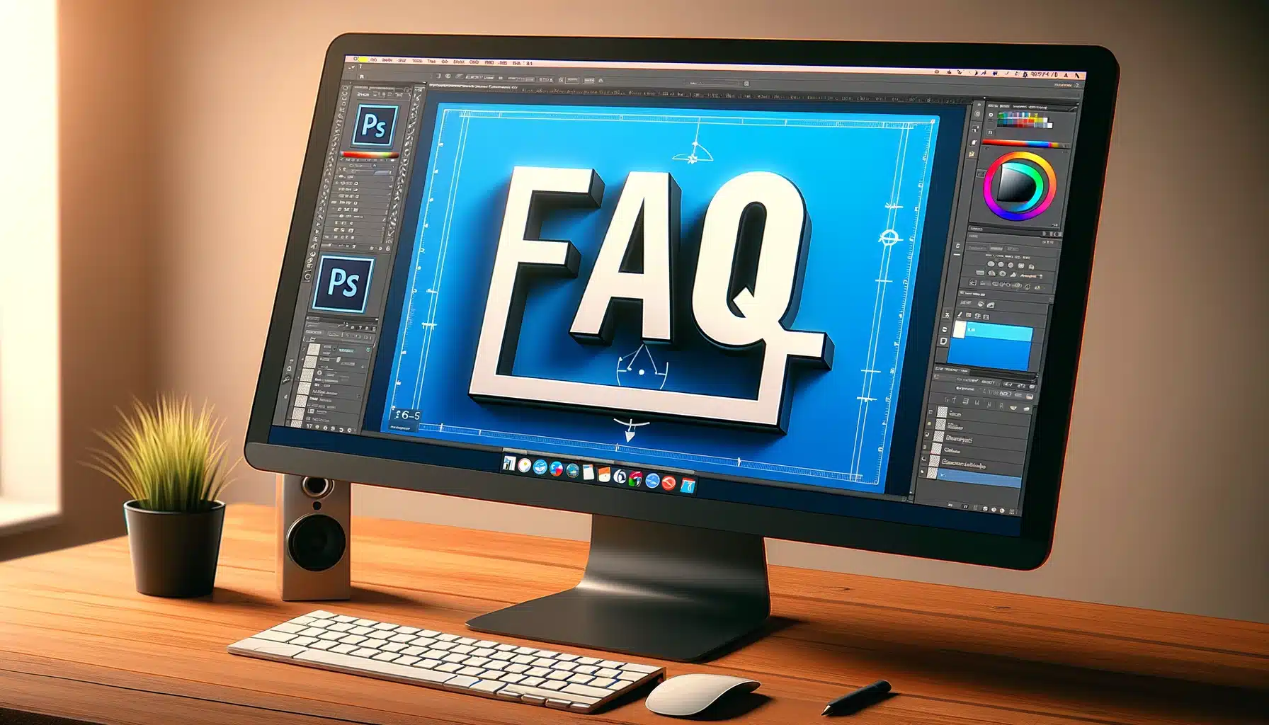 "A computer screen displaying an Adobe Photoshop interface with the shape tool in use, and 'FAQ' prominently shown on the screen."