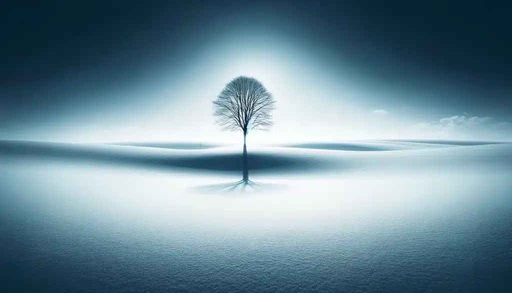 "Single tree in snowy field minimalist photography"