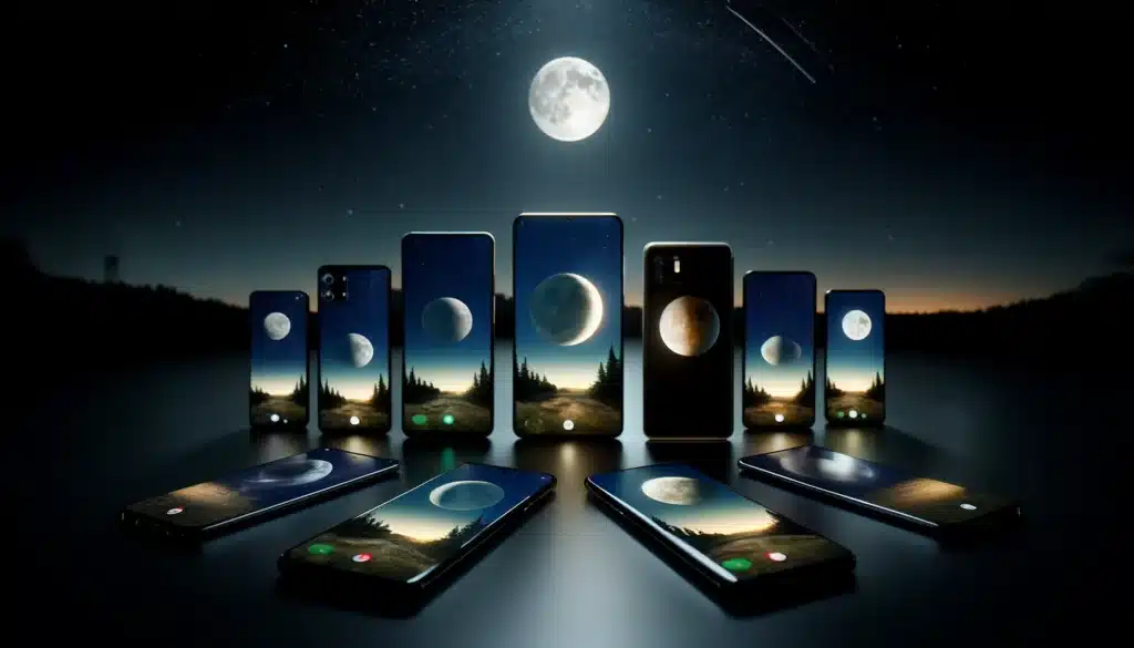 Advanced smartphones displaying lunar eclipse images under a starlit sky
