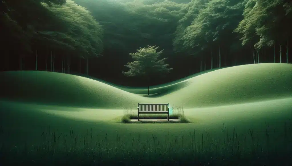 "Lone bench in park with expansive green space"