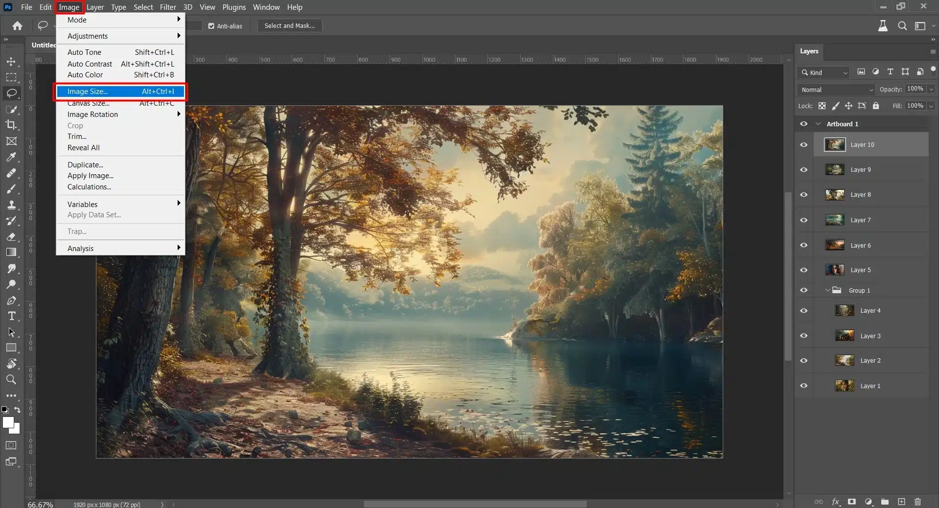 A Photoshop menu showing the Image Size option for resizing images.