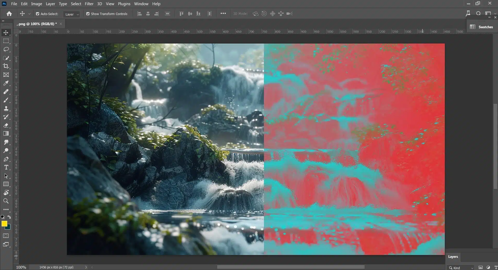 A Photoshop interface showing a split view of a waterfall scene, with one side in natural colors and the other in vibrant, inverted colors highlighting reds and cyans.