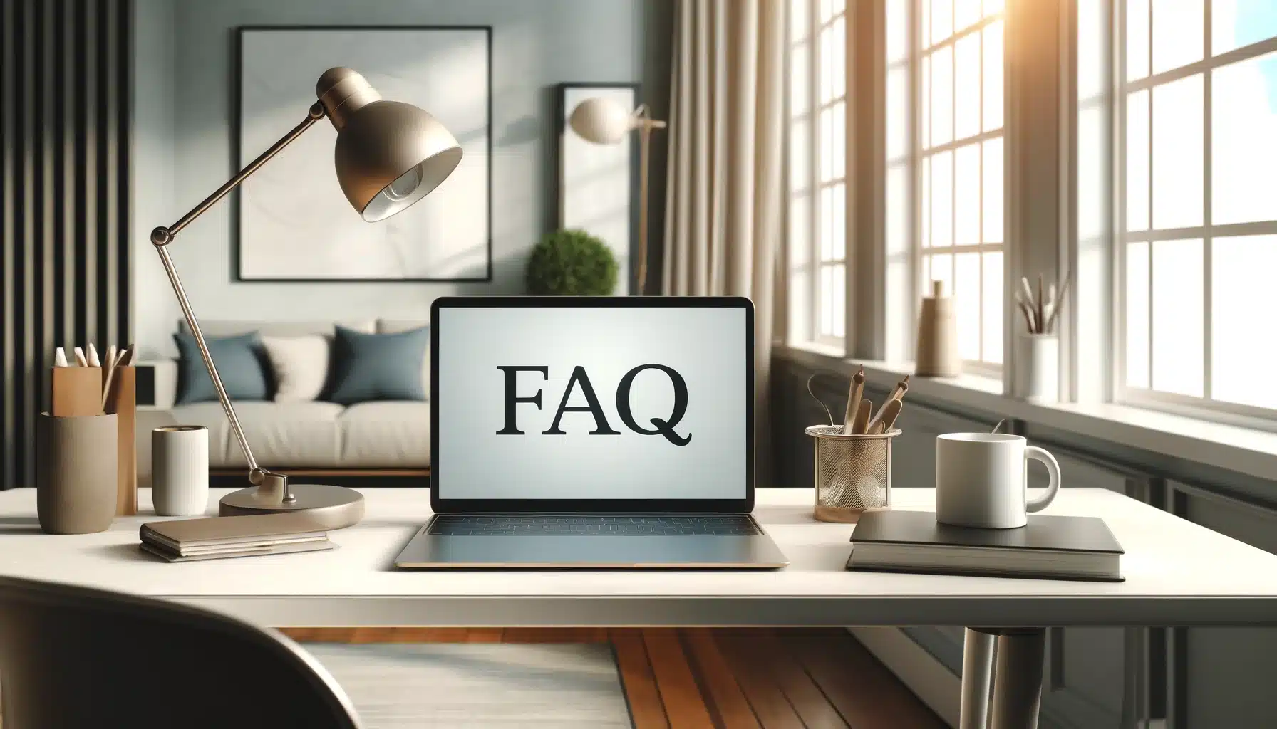 A modern home office with a laptop displaying 'FAQ' on its screen, set on a minimalist desk with a desk lamp and a decorative plant, illuminated by natural light from a large window.