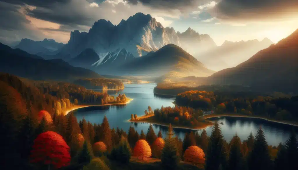Landscape with subtle vignette effect highlighting a mountain range, calm lake, and vibrant autumn trees.