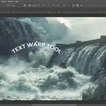 A screenshot of a graphic design software interface showing the text warp tool being used on the text "TEXT WARP TOOL" over a dynamic background image of a dam with gushing water.