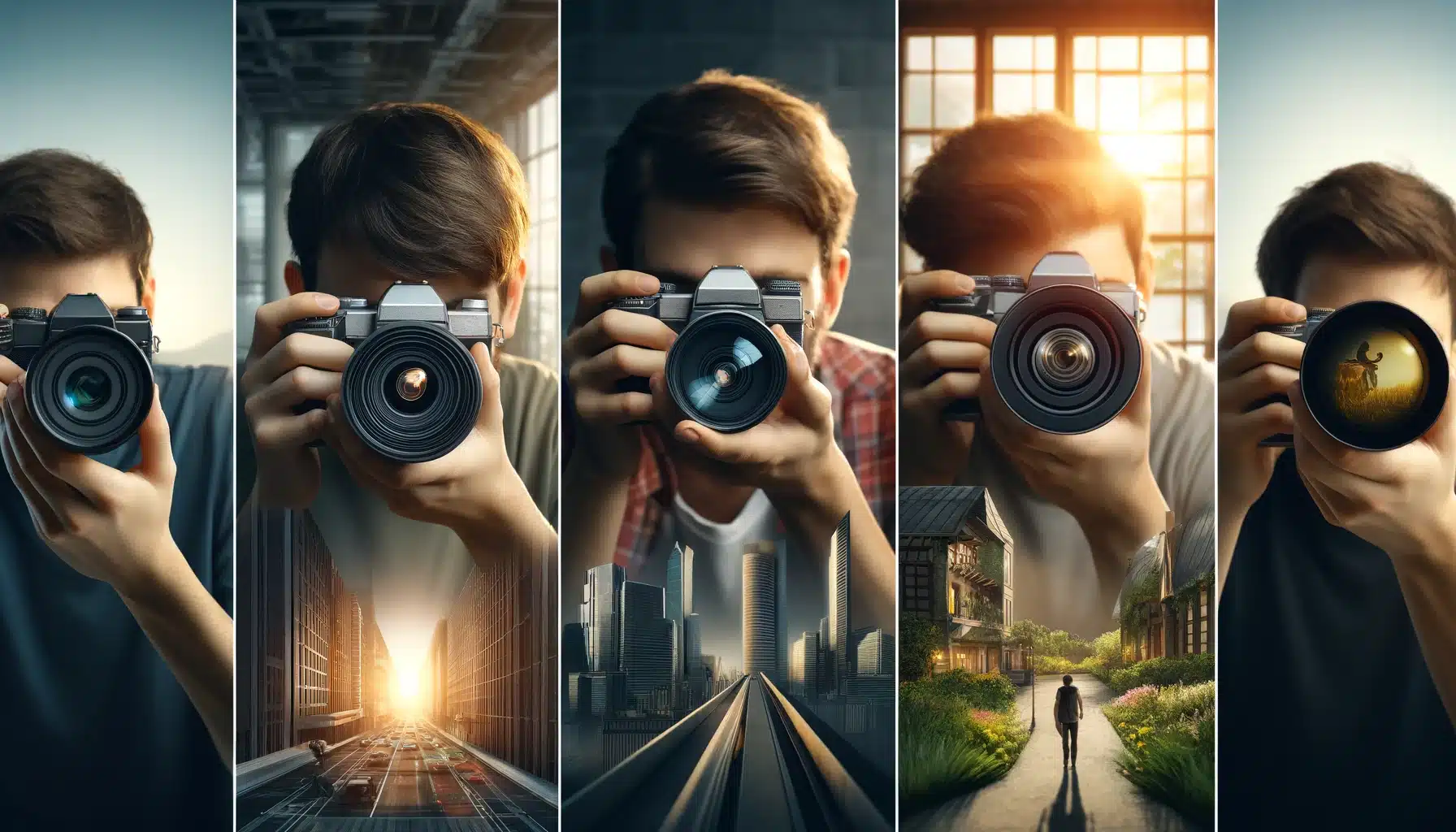 Five people using cameras with tilt-shift lenses in architectural, landscape, and portrait photography settings