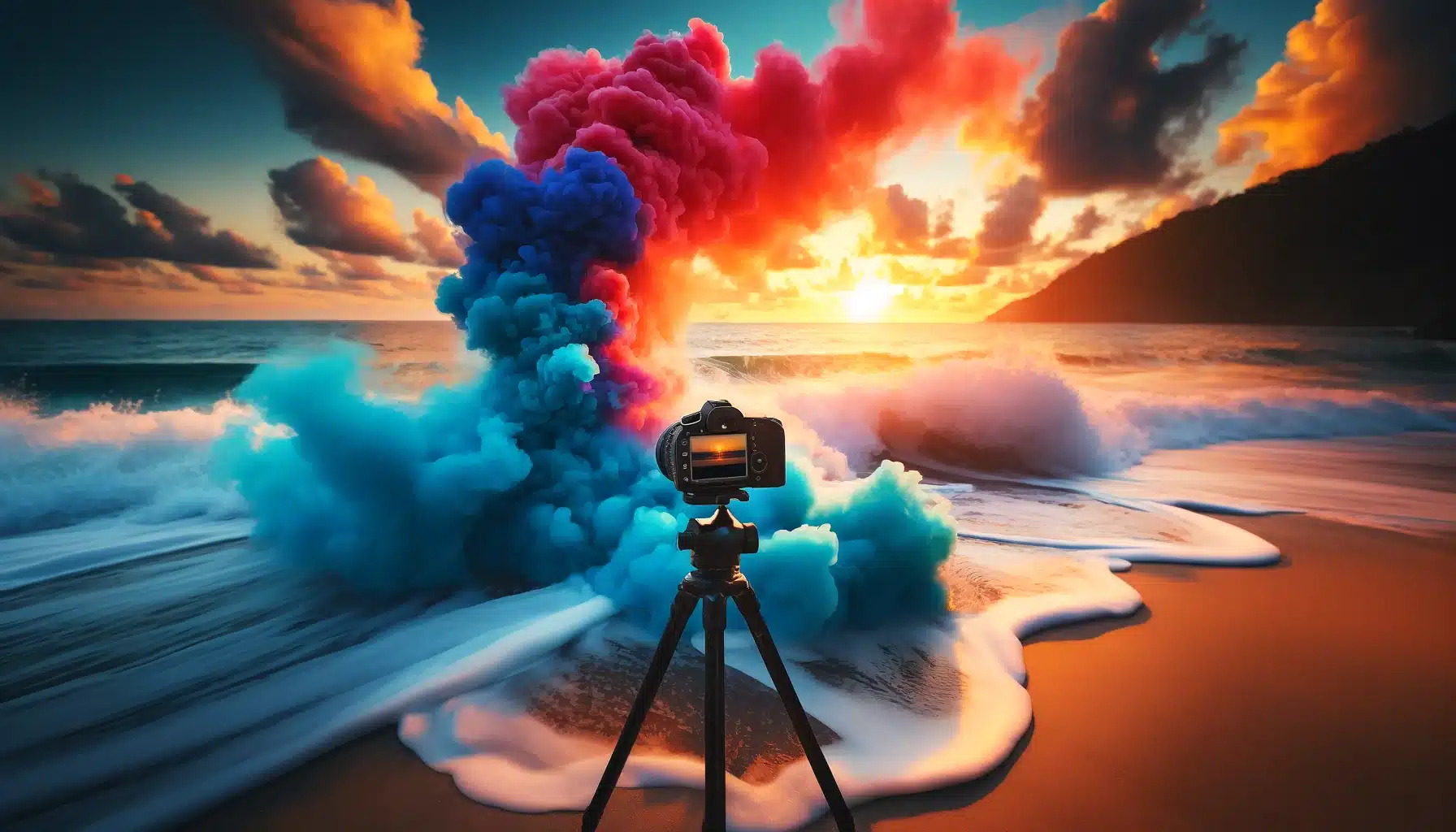 A captivating seascape photography scene at sunset, featuring a photographer using a smoke bomb to create dramatic effects, with colorful smoke swirling around the ocean waves and vibrant sky.