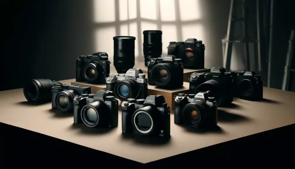 A selection of high-end mirrorless cameras arranged on a professional studio setup, including models resembling Fuji X100VI, Nikon Z8, Canon EOS R5, Sony A7 IV, Panasonic Lumix S5 II, and Canon EOS R3.