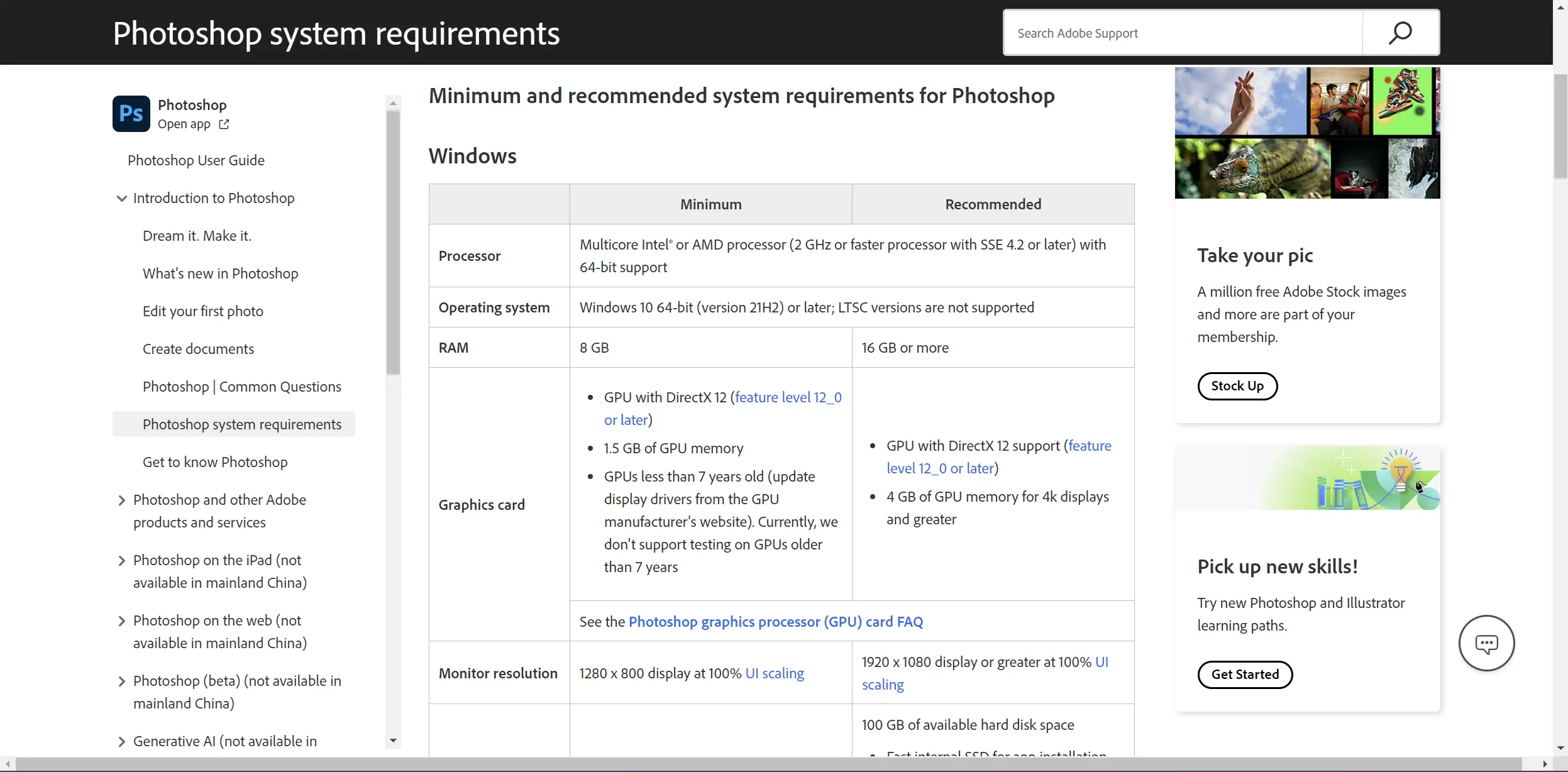 Screenshot of Adobe Photoshop's system requirements page for Windows, showing minimum and recommended settings.