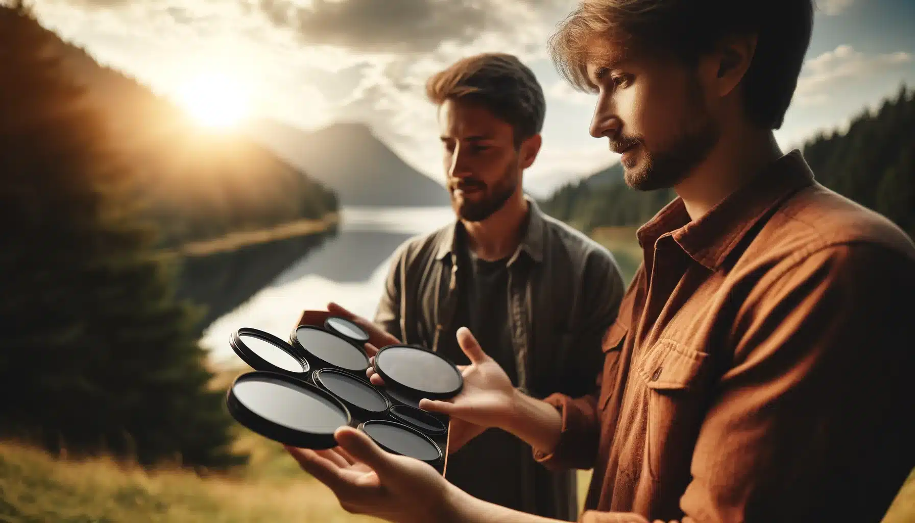 Two people examining a set of neutral density (ND) filters in an outdoor setting with a picturesque landscape in the background
