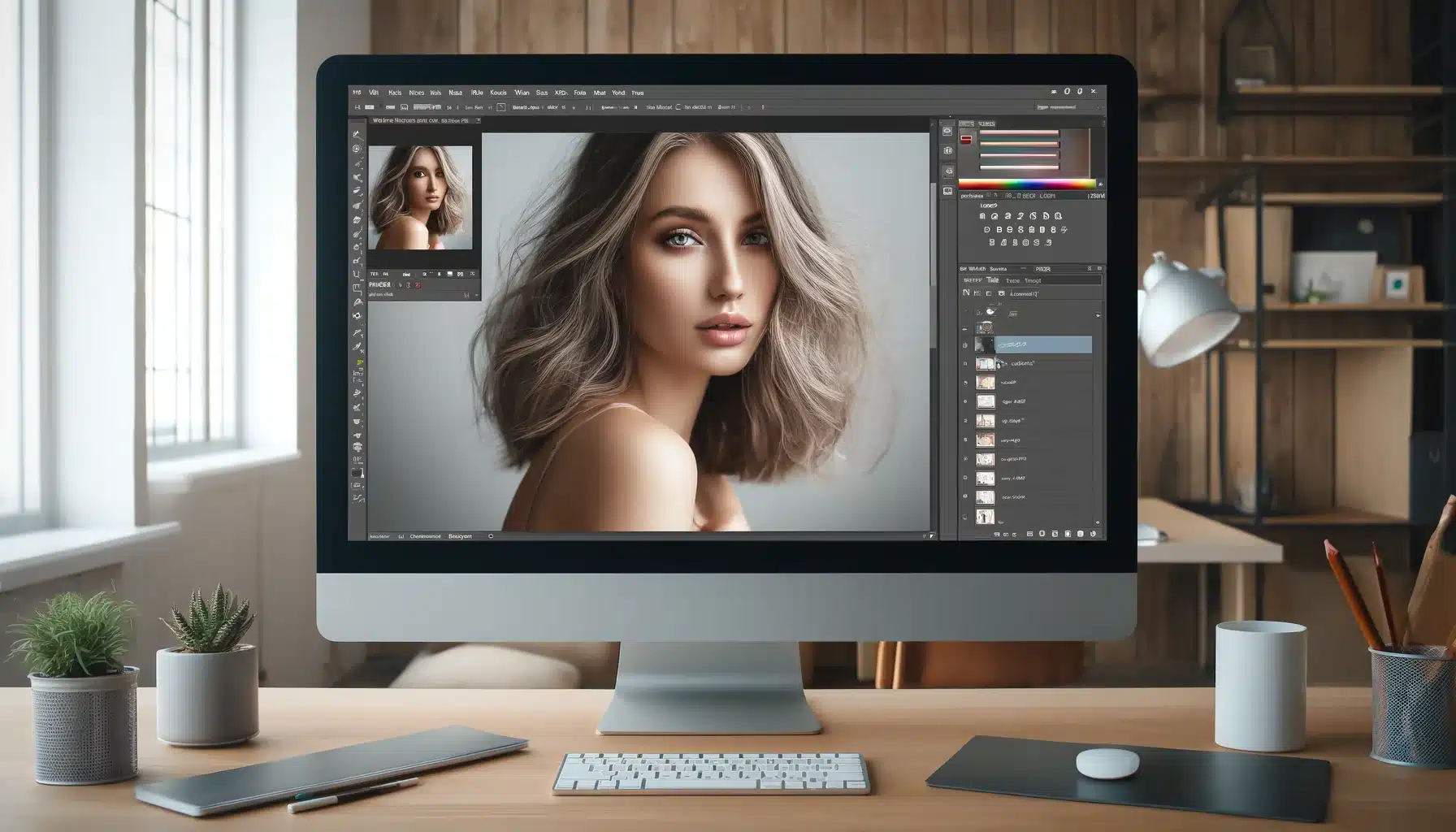 Photoshop interface showing an image of a woman with a blurred background