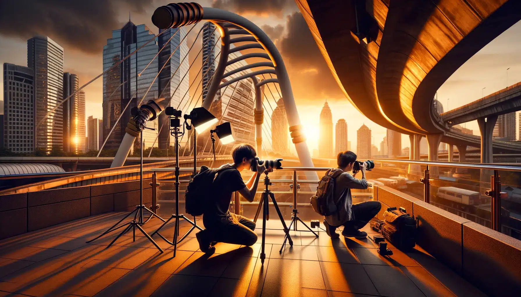 Two photographers applying tips on photography lighting to capture city buildings, showcasing advanced photography lighting tips and photo lighting strategies.