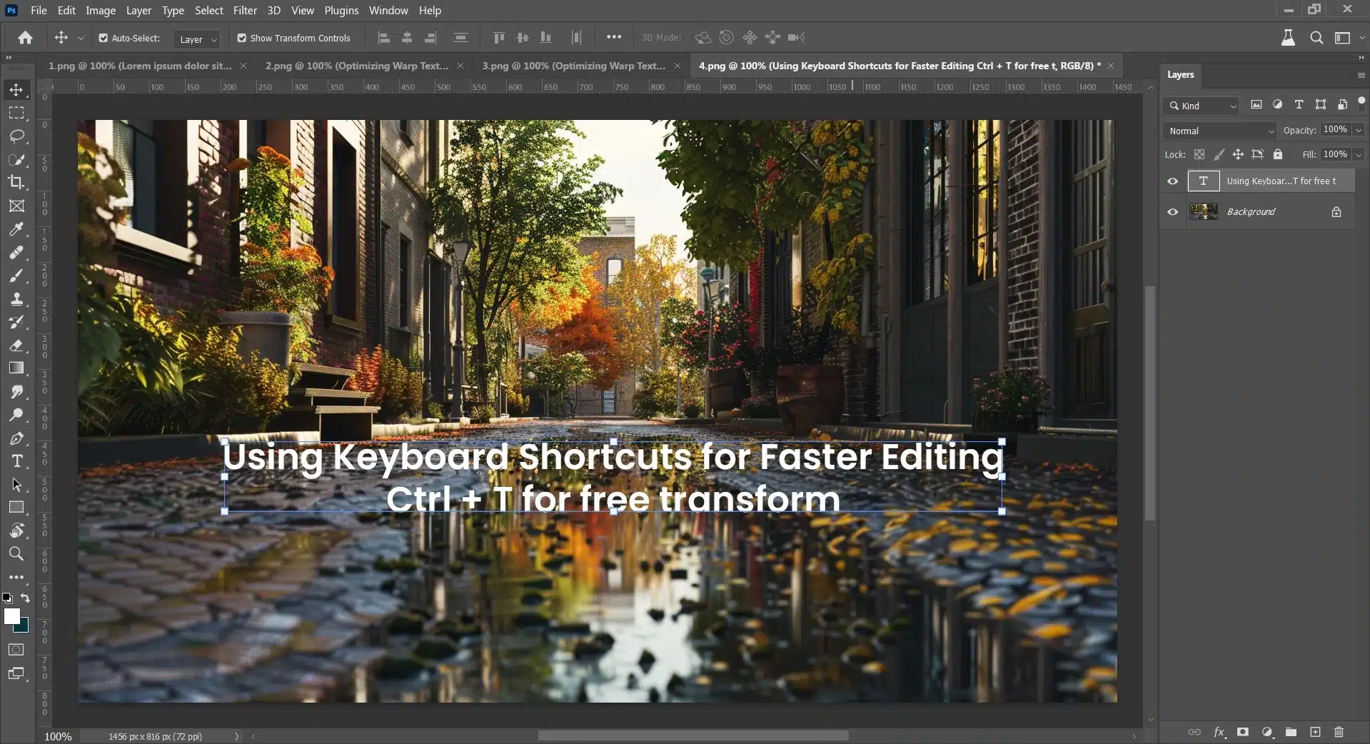 Screenshot of graphic design software displaying the use of text "Using Keyboard Shortcuts for Faster Editing Ctrl + T for free transform" over an image of a picturesque autumn street scene with reflections in puddles.