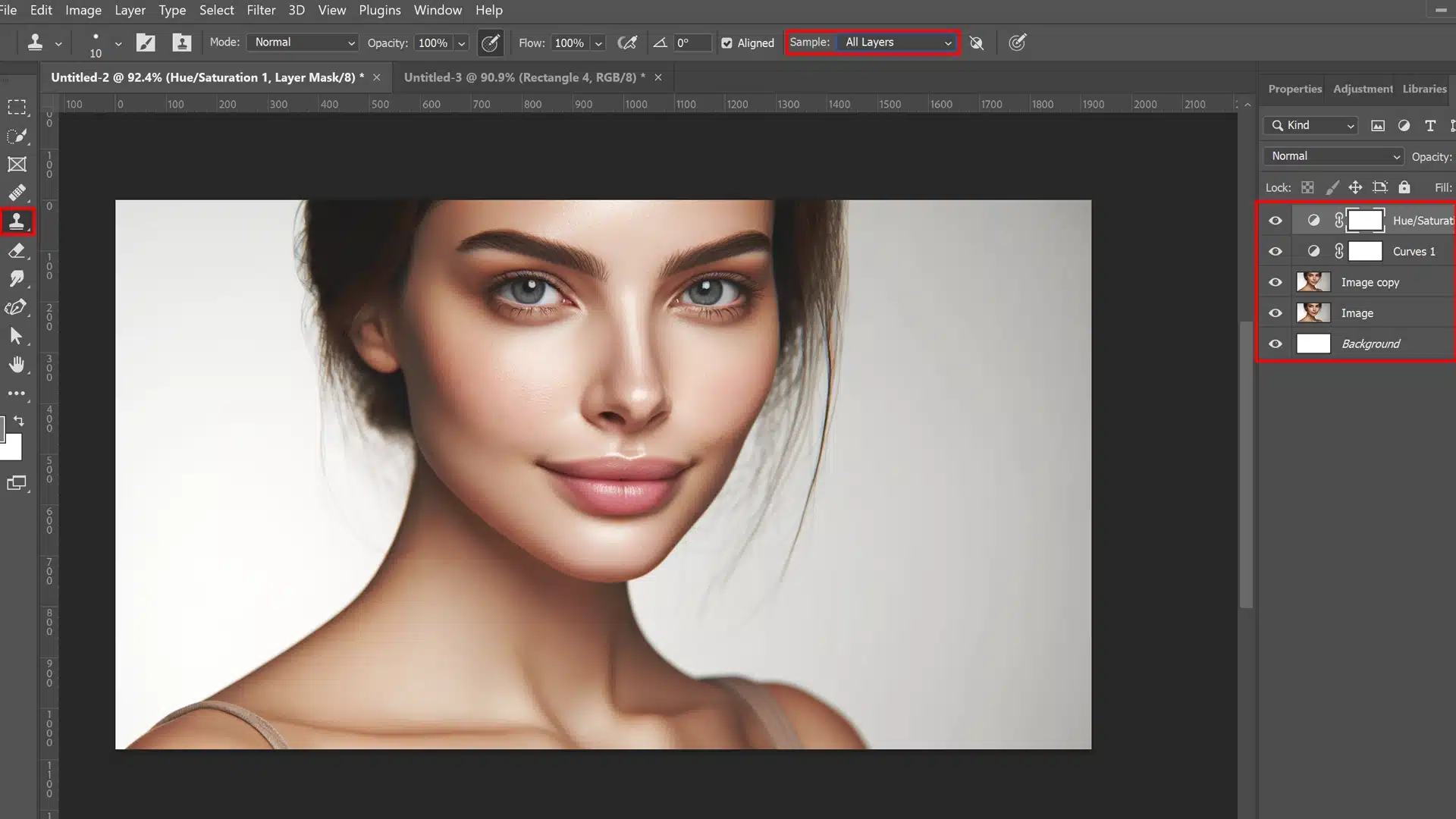 A Photoshop workspace showing a portrait of a woman, with multiple layers and adjustment layers visible. The toolbar is highlighted with the Clone Stamp Tool selected, and the Sample set to 'All Layers'. The Layers panel shows various adjustment layers and the original image.