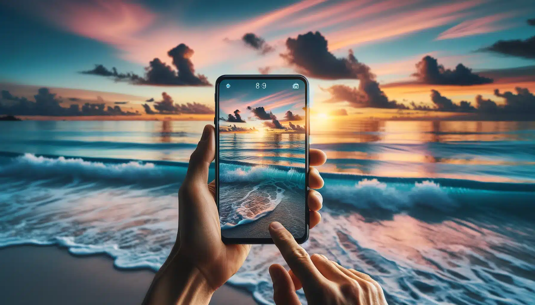 A serene seascape scene at sunset with a person using a smartphone to take photos of the ocean, capturing the beautiful colors of the sky and sea.