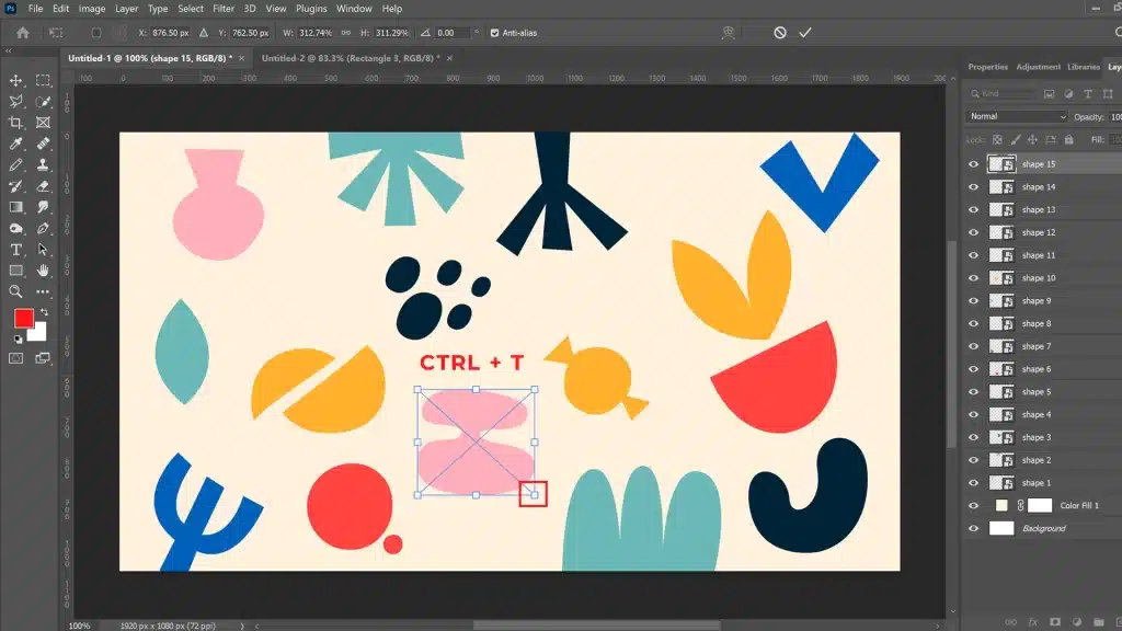 A photo showing an advanced editing process in Photoshop with a highlighted transformation tool ("CTRL + T") being applied to a selected pink hourglass-shaped layer among other geometric and fruit icons.