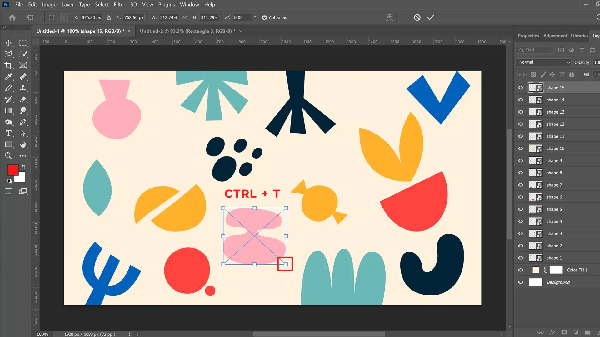 A photo showing an advanced editing process in Adobe with a highlighted transformation feature ("CTRL + T") being applied to a selected pink hourglass-shaped layer among other geometric and fruit icons.