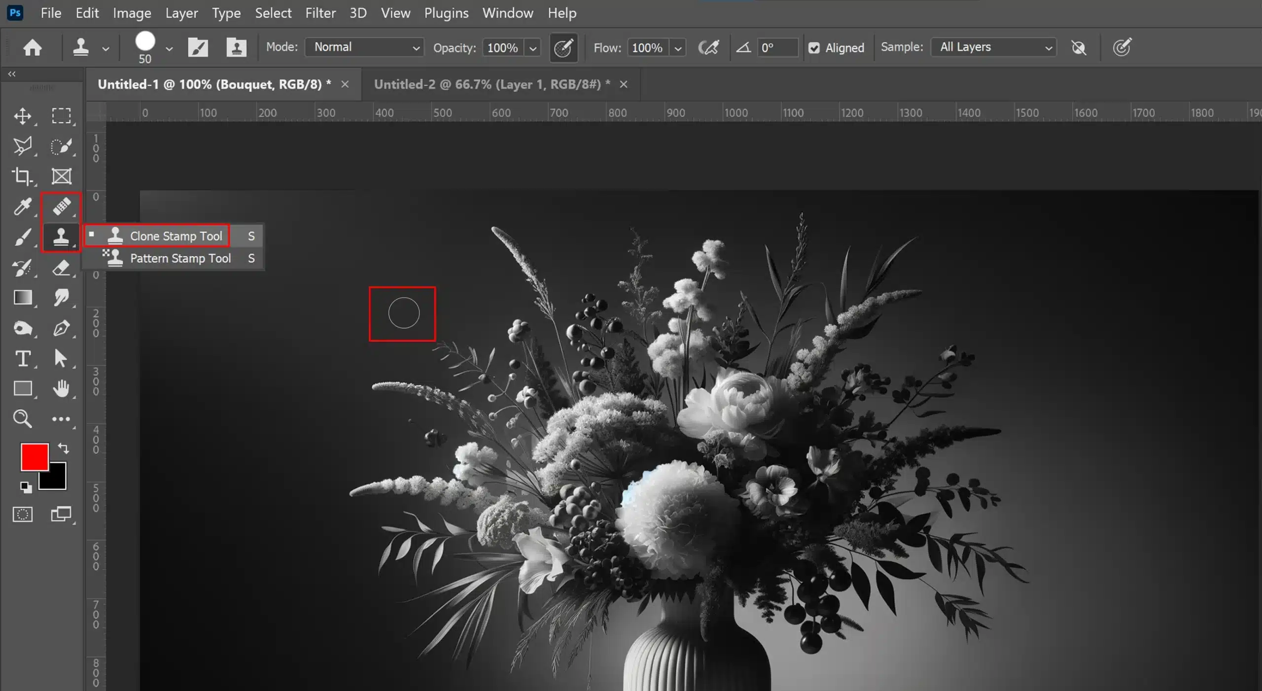 A Photoshop screen displaying a black and white photo of a bouquet in a vase, with the Clone Stamp Tool selected and active.