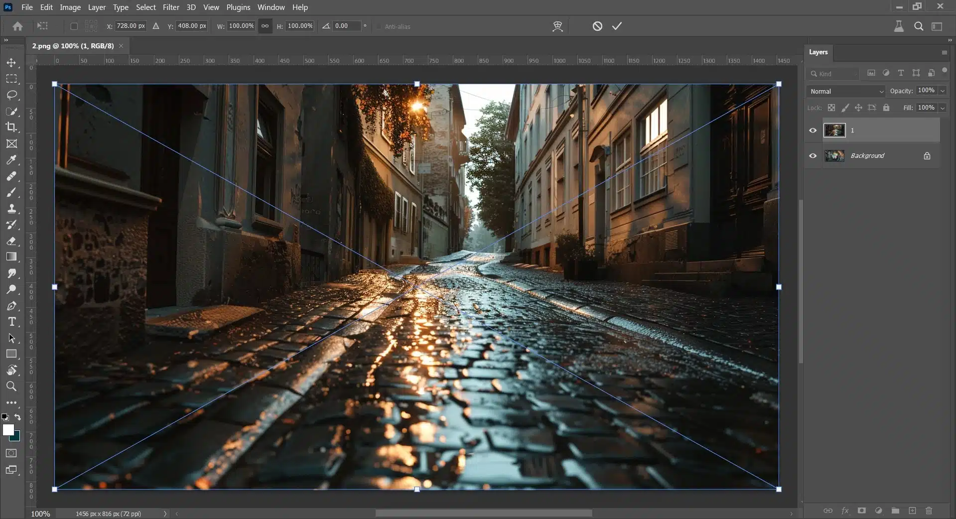 A screenshot of photo editing software showing a rainy cobblestone street being edited, with the 'Free Transform' tool actively used to adjust perspective.
