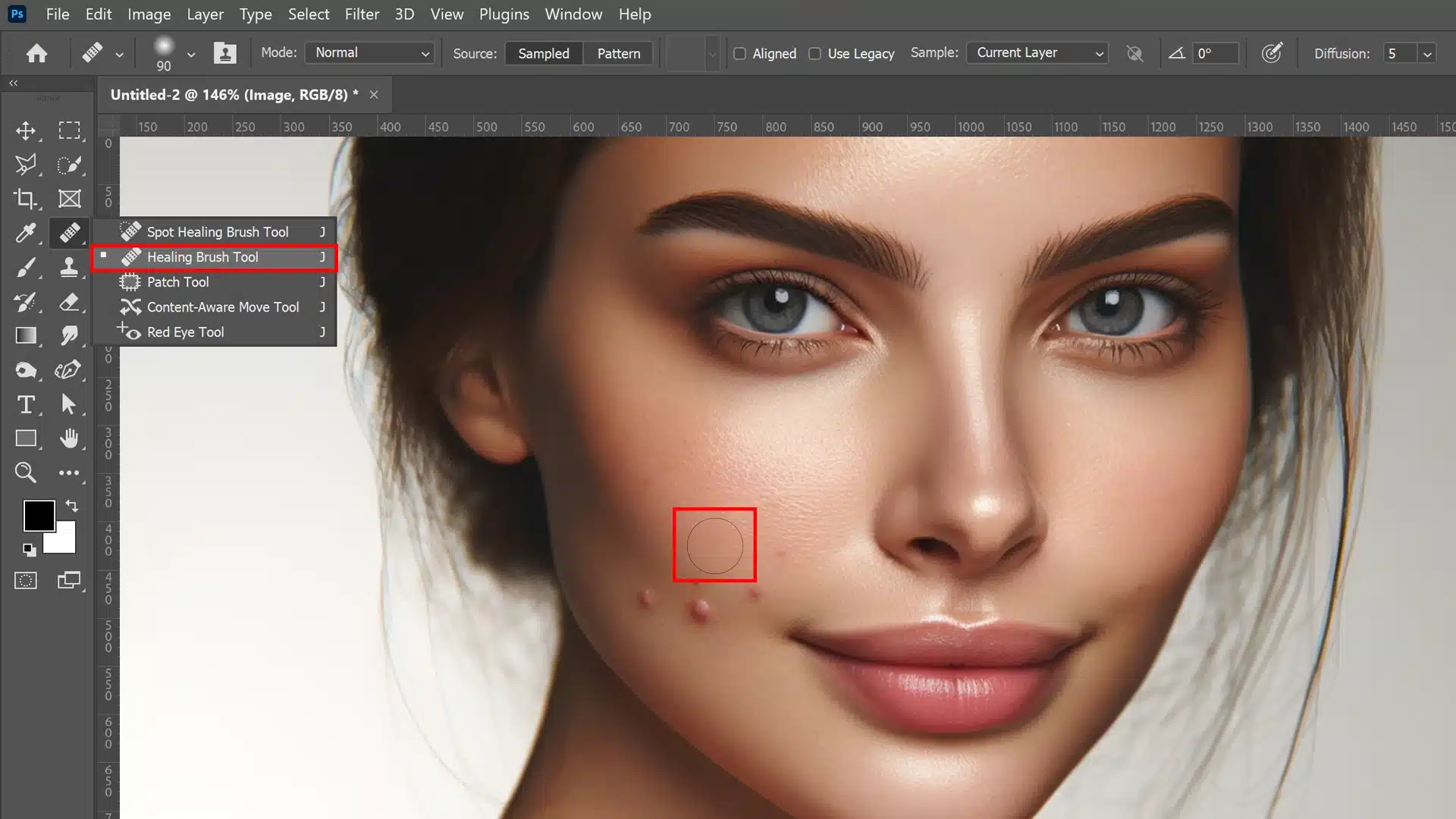 A close-up view of a woman's face with a few blemishes, displayed in Photoshop. The Healing Brush Tool is selected, and the brush cursor is positioned over one of the blemishes. The Photoshop interface, including the tool options and layers panel, is visible.