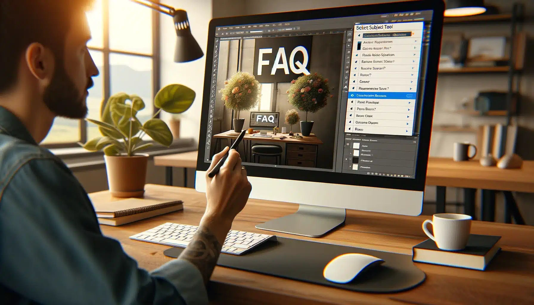 "A designer working in Adobe Photoshop using the Select Subject tool to select the main subject for a Frequently Asked Questions (FAQ) section in an image. The screen shows the Photoshop workspace with the Select Subject tool automatically selecting the main subject."