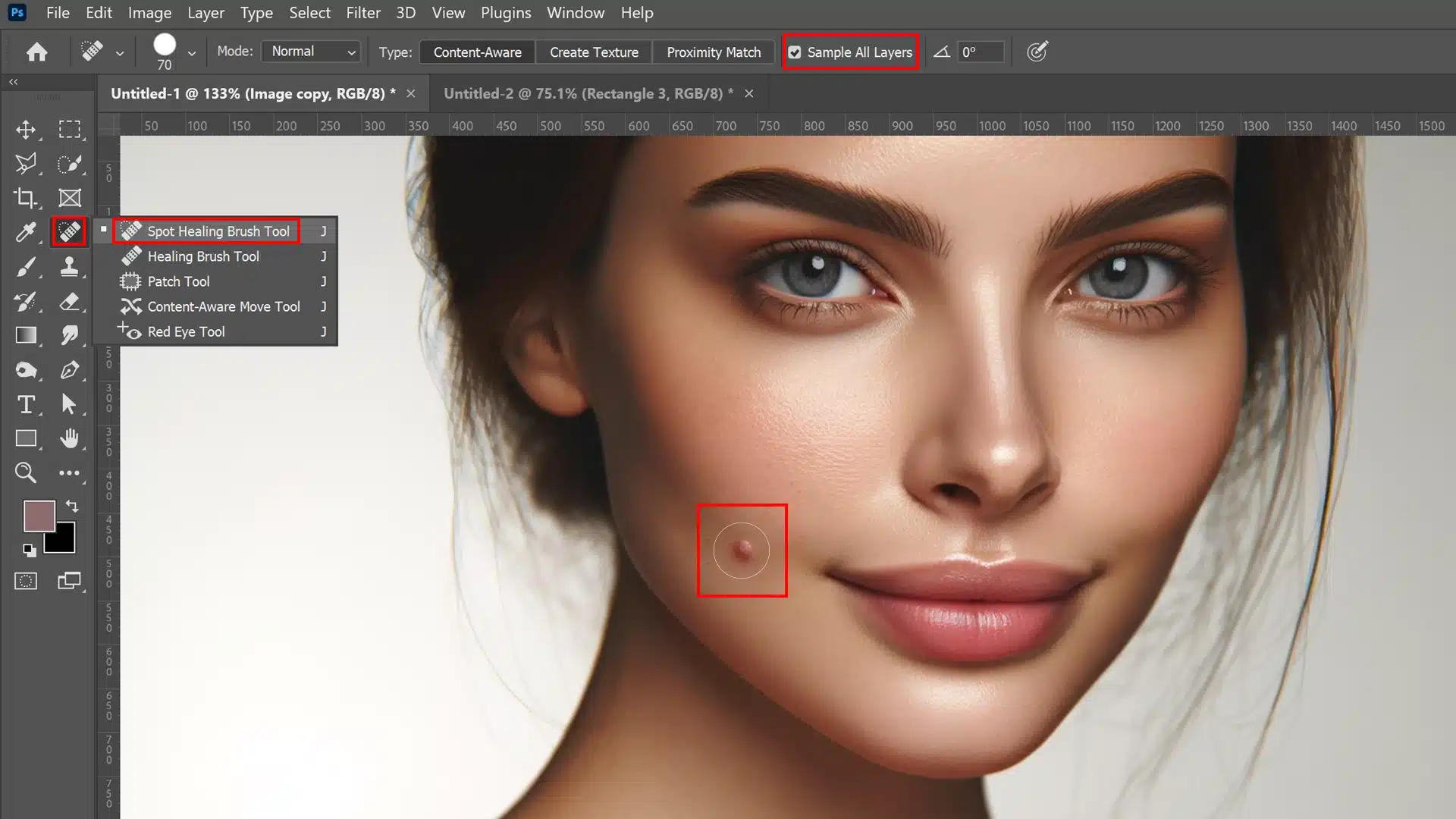 A photo showing a close-up of a woman's face. The Spot Healing Brush Tool is selected in the toolbar on the left, and a imperfection on the woman's cheek is highlighted for editing. The option "Sample All Layers" is checked in the options bar