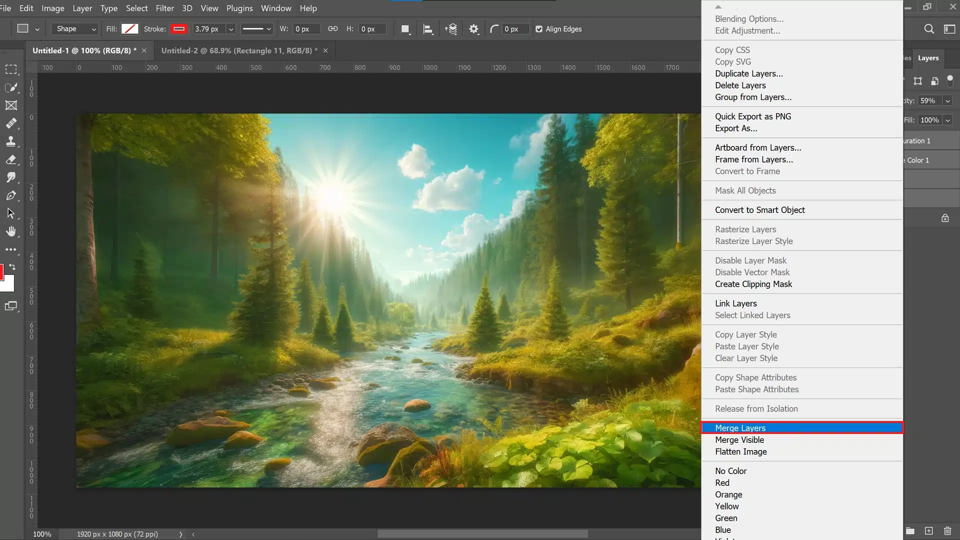 A photo of Adobe Photoshop with a forest landscape on the canvas. The Layers menu is open, and 'Merge Layers' is highlighted.